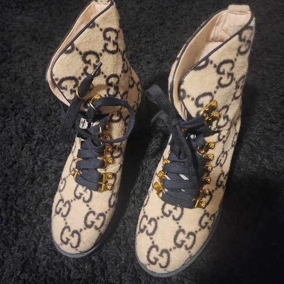 Monogram Women's Beige and Black Combat Boots - Picture 2 of 4